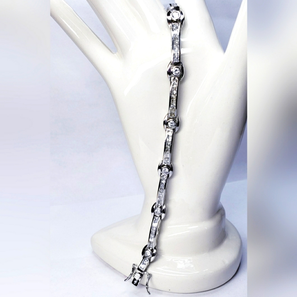 Sterling Silver Baguette And Round Tennis Style Cz Bracelet 7.5"